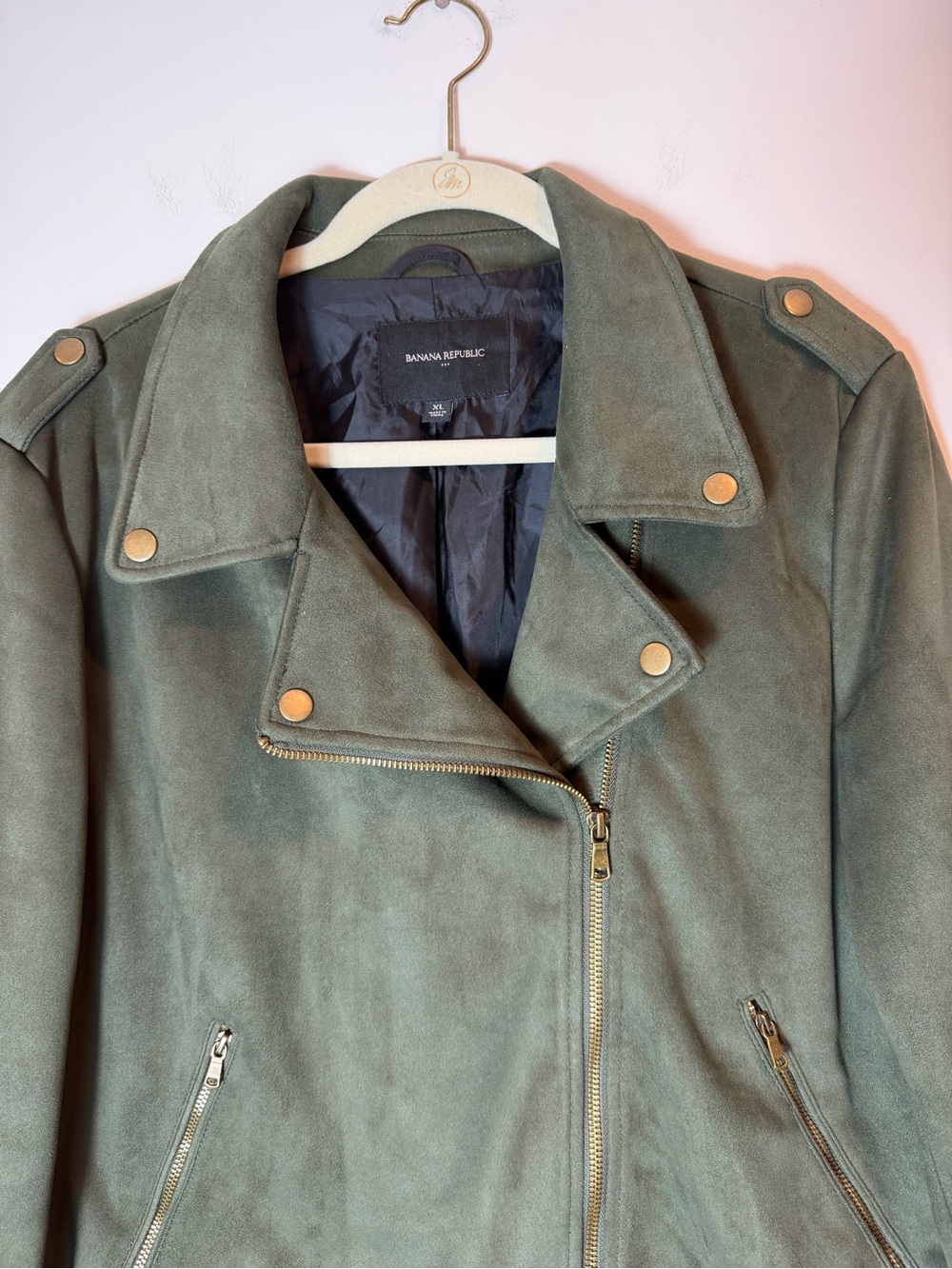 Banana Republic Factory Olive Green Suede Moto Jacket with Gold Hardware XL - Picture 2 of 9